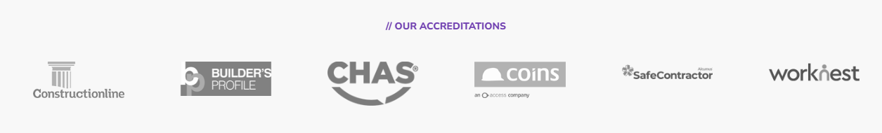 DDHC accreditations including Constructionline, Builder's Profile, CHAS, COINS, SafeContractor and WorkNest